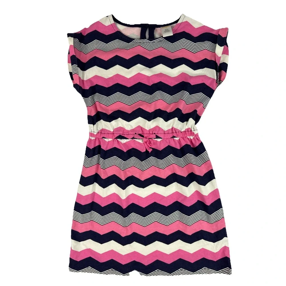 Gymboree Girls Shirt Sleeve‎ Cotton Dress, Pink, Navy & White Chevron, Size 10